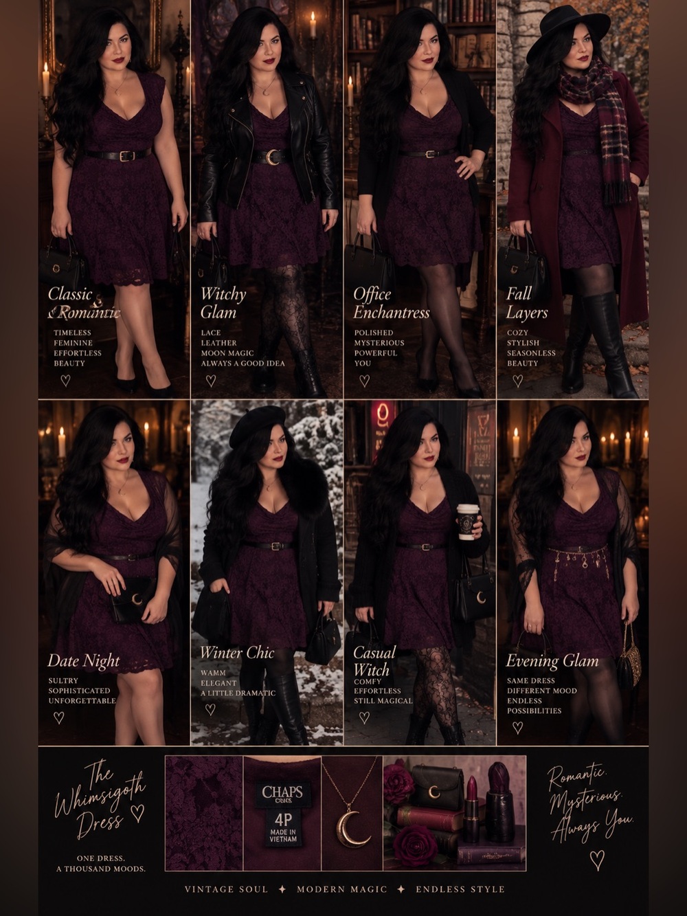 Chaps Dark Purple Whimsigoth Lace Fit & Flare Dress size 4p petite dress NWT